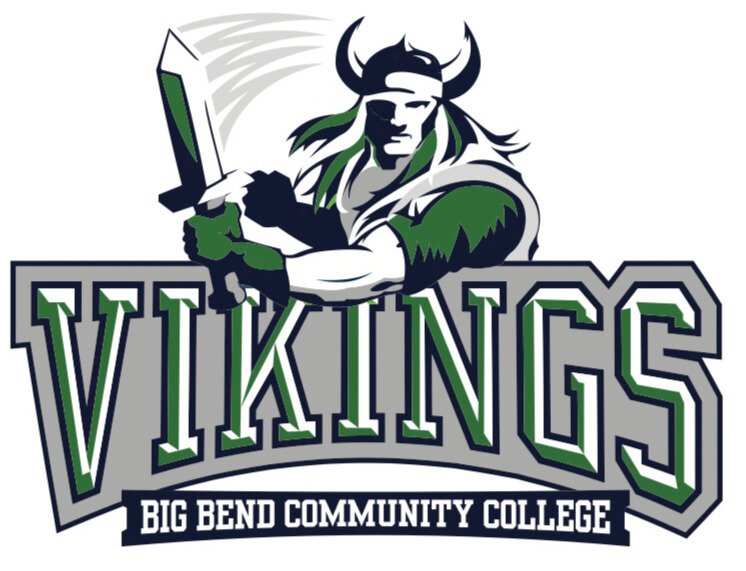 Official athletic logo of the Big Bend Community College Vikings featuring a Viking warrior holding a sword above the word VIKINGS in green and white