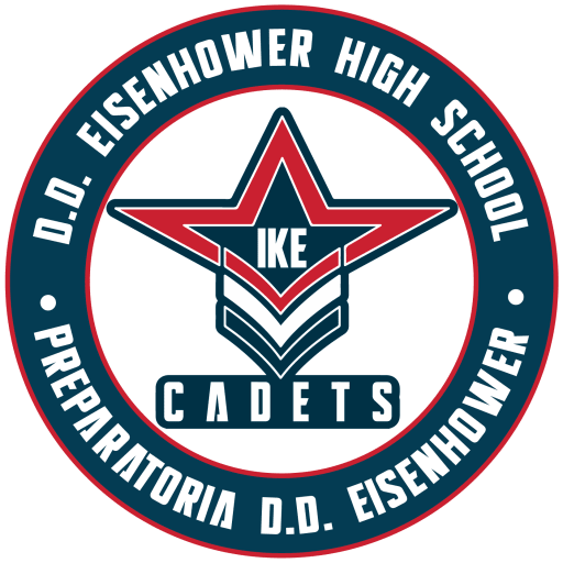 Official athletic logo of the Eisenhower High School Cadets featuring a red and navy star with IKE text above military chevron stripes and the word CADETS