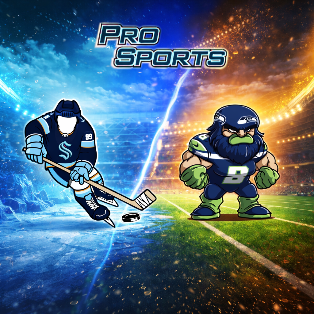 A stylized graphic header with the text PRO SPORTS at the top, featuring an illustration of a Seattle Kraken hockey player on the left and a cartoon Seattle Seahawks football player character on the right, separated by a lightning bolt