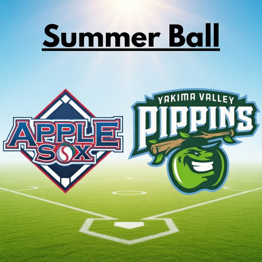A graphic displaying the words Summer Ball above the athletic logos for the Wenatchee AppleSox and Yakima Valley Pippins on a sunny baseball field background