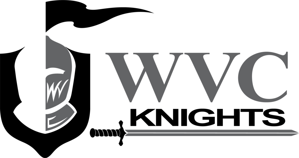 Official athletic logo of the Wenatchee Valley College Knights featuring a stylized knight helmet shield, large WVC text, and a sword underlining the word KNIGHTS