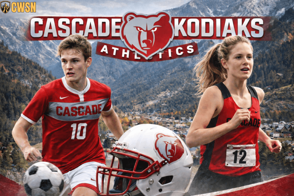 Cascade Kodiaks athletics header in red, silver, and white. Features a male soccer player, a female runner, and a football helmet in the foreground with the Kodiak bear mascot logo and Leavenworth mountain scenery in the background.