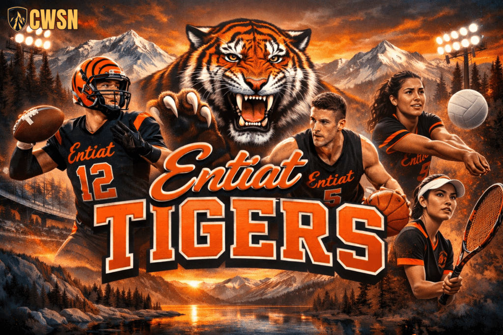 Entiat Tigers athletics header featuring football, basketball, volleyball, and tennis athletes with a tiger mascot and a mountain sunset over a lake.