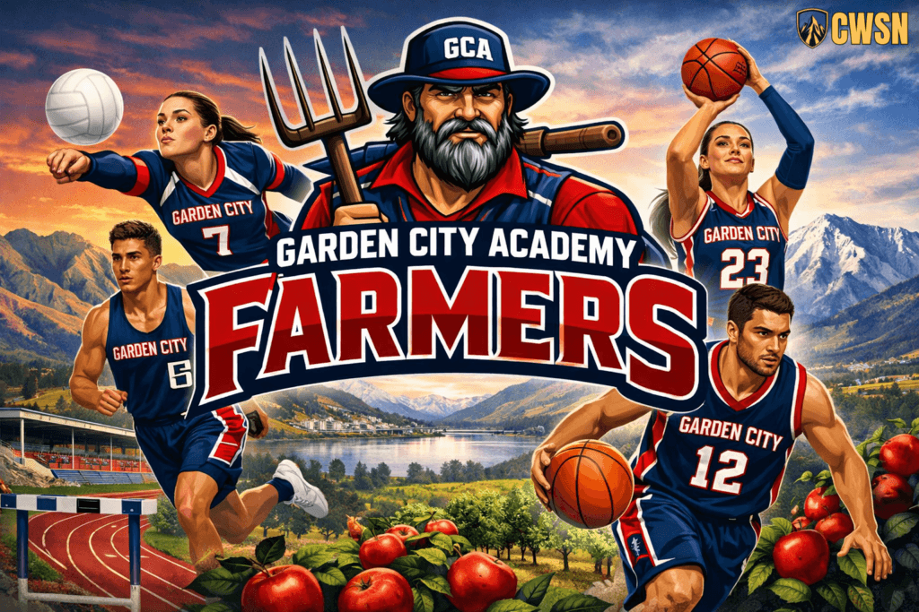 Garden City Academy Farmers athletics header featuring basketball, volleyball, and track athletes, a farmer mascot with a pitchfork, and Wenatchee apple orchards.
