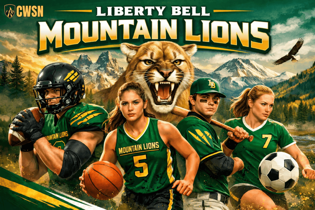 Liberty Bell Mountain Lions athletics header in gold and green. A fierce cougar mascot is in the center, flanked by athletes playing football, basketball, baseball, and soccer. The background features the jagged peaks of the North Cascade mountains and a valley.