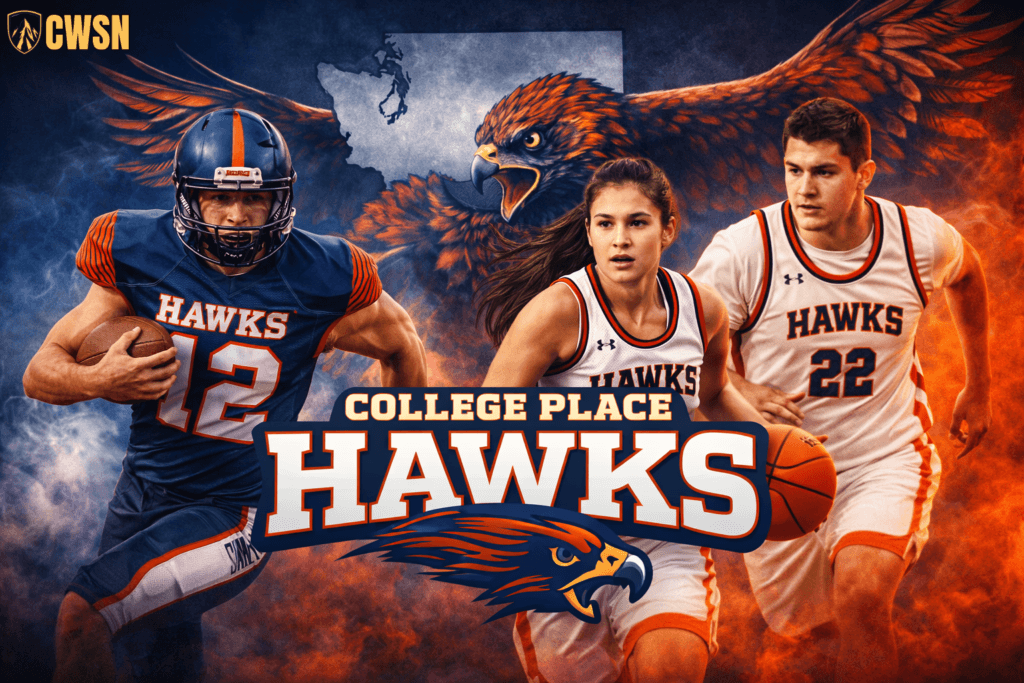 A dynamic CWSN sports banner for the College Place Hawks of College Place, Washington. It features a football player wearing number 12, a female basketball player, and a male basketball player wearing number 22. A large hawk in flight and an outline of Washington State are in the background, with a stylized hawk head logo at the bottom center against a smoky blue and orange backdrop.