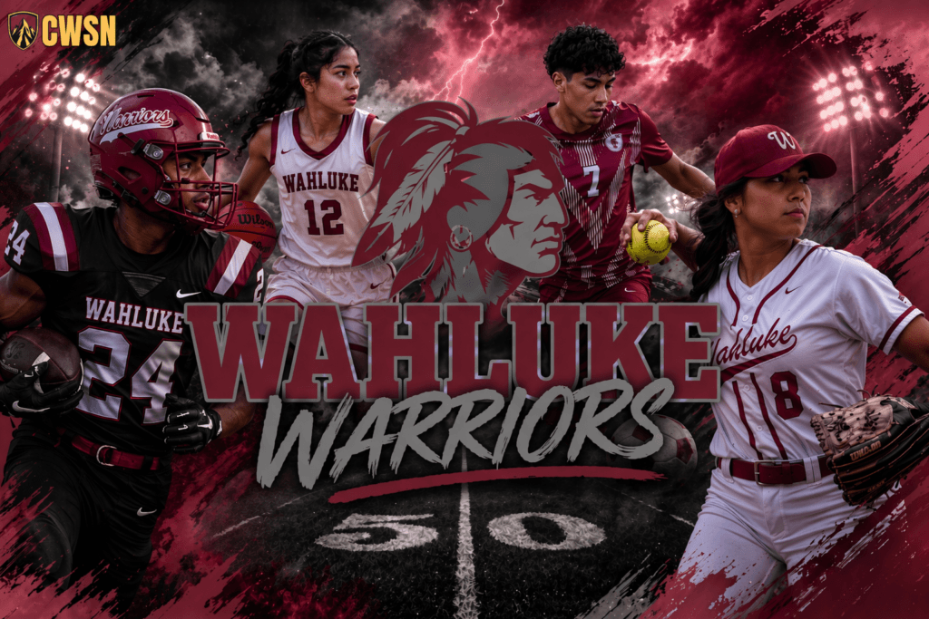 A dynamic CWSN sports banner for the Wahluke Warriors of Mattawa, Washington. It features a football player wearing number 24, a basketball player wearing number 12, a soccer player wearing number 7, a softball player wearing number 8, and a central grey and maroon Native American warrior profile logo. The background shows a football field at the 50-yard line, stadium lights, and a dramatic stormy sky with red lightning.