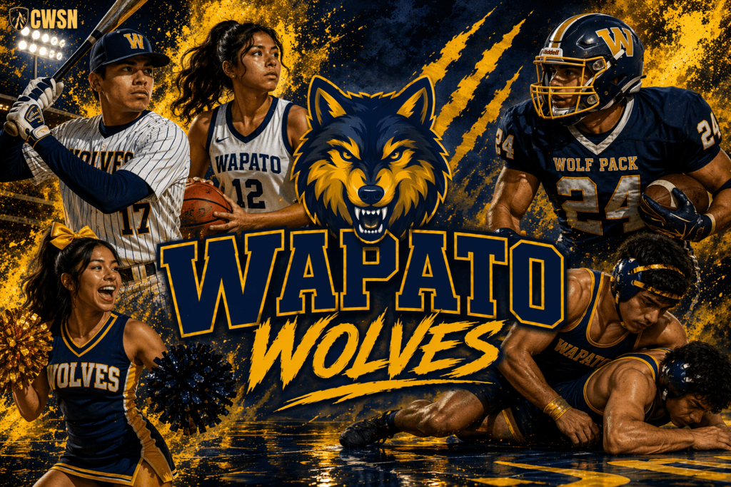 A dynamic CWSN sports banner for the Wapato Wolves of Wapato, Washington. It features a baseball player wearing number 17, a basketball player wearing number 12, a football player wearing number 24, a cheerleader with pom-poms, two wrestlers engaged on a mat, and a central blue and gold wolf mascot head. The background features blue and gold textured claw marks and stadium lights.