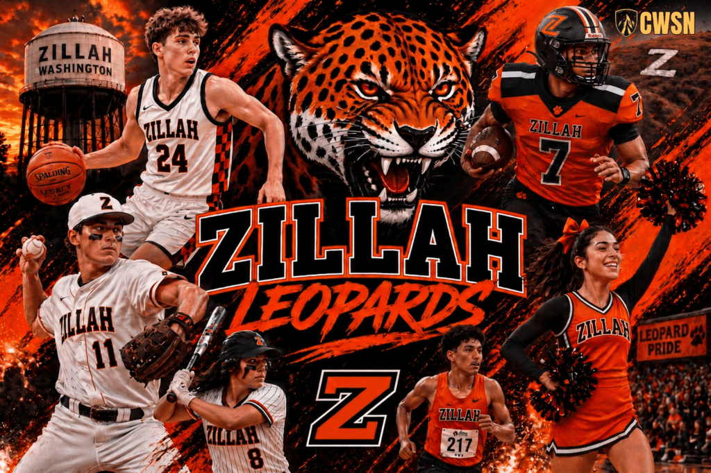 A dynamic CWSN sports banner for the Zillah Leopards of Zillah, Washington. It features a basketball player wearing number 24, a baseball pitcher wearing number 11, a softball player wearing number 8, a cross country runner wearing bib number 217, a football player wearing number 7, a cheerleader with pom-poms, and a fierce central leopard mascot head. The background features the Zillah Washington water tower, a hillside with a letter Z, and a vibrant orange and black textured sky.