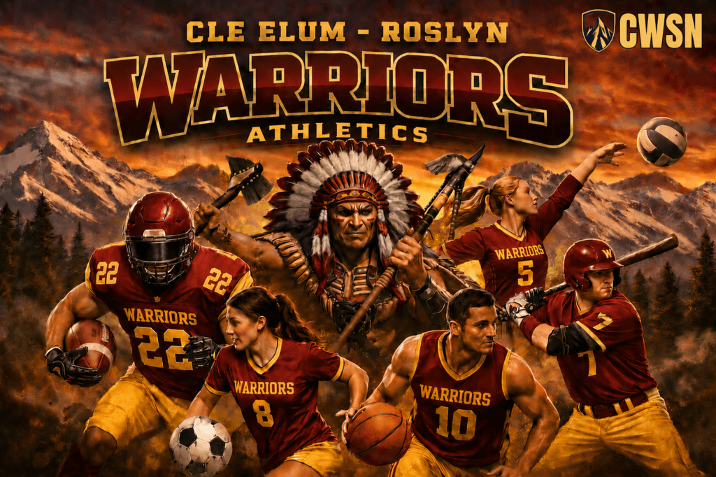 A dynamic CWSN sports banner for the Cle Elum - Roslyn Warriors of Cle Elum, Washington. It features a football player wearing number 22, a female soccer player wearing number 8 with a soccer ball, a male basketball player wearing number 10 dribbling a basketball, a baseball player wearing number 7 ready to bat, and a female volleyball player wearing number 5 serving a volleyball. A large central Native American warrior mascot wearing a detailed feathered headdress holds a tomahawk and spear against a background of sharp, snow-capped mountains and evergreen trees under a dramatic orange sky.