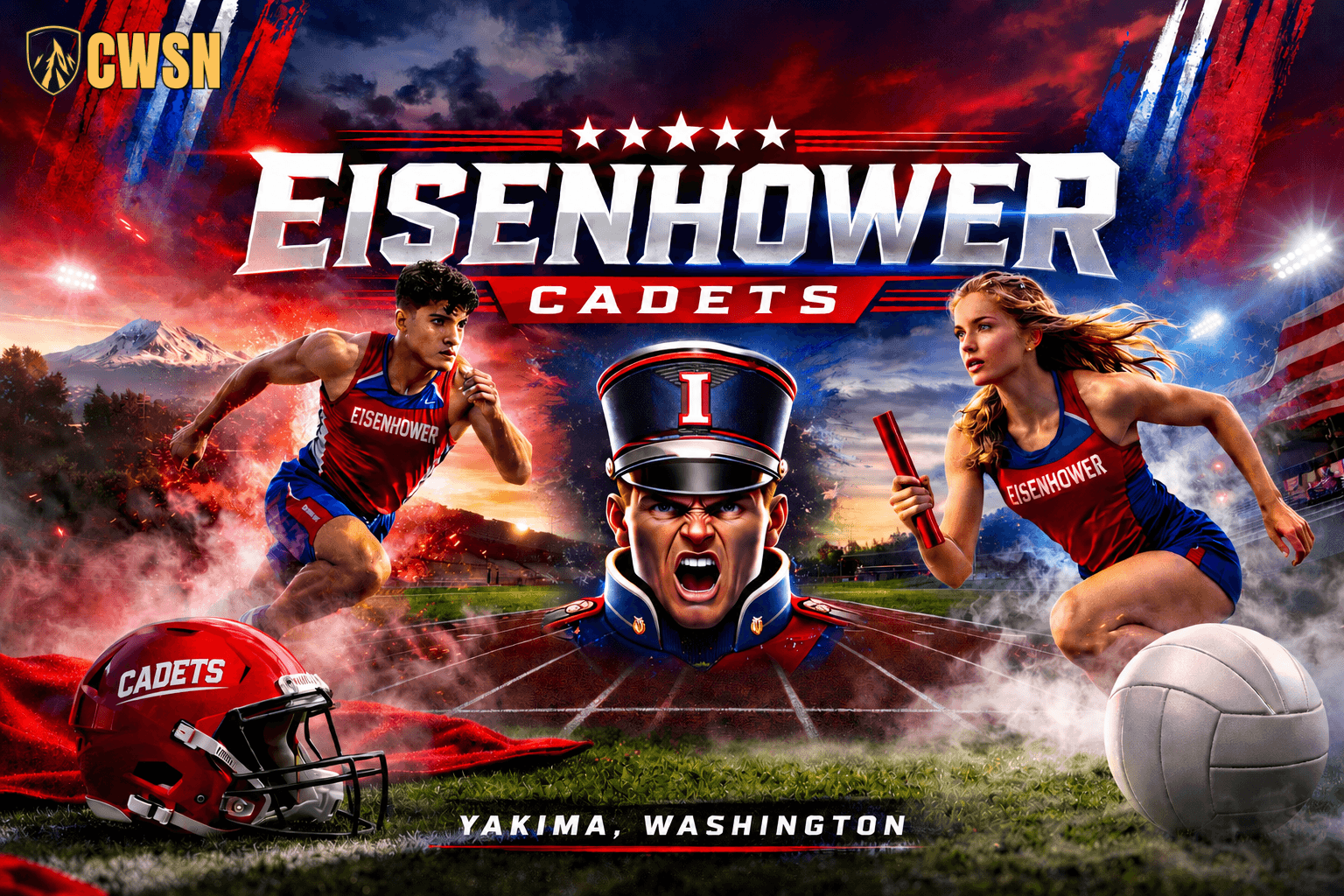 A dynamic CWSN sports banner for the Eisenhower Cadets of Yakima, Washington. It features a male track athlete running, a female track athlete running with a red relay baton, and a fierce central cadet mascot face wearing a military-style hat with a block letter I. A red football helmet and a volleyball sit in the foreground, with a running track, stadium, mountain, and American flag in the background under a dramatic red, white, and blue sky.