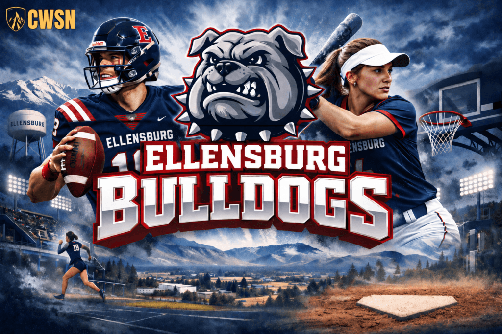 A dynamic CWSN sports banner for the Ellensburg Bulldogs of Ellensburg, Washington. It features a football player wearing a navy helmet with a red letter E, a softball player with a bat and visor, a track athlete running in number 19, and a basketball hoop. A fierce grey bulldog mascot face in a spiked collar sits above the main text, with the Ellensburg water tower, a home plate, stadium lights, and a mountain valley landscape under a cloudy blue sky in the background.