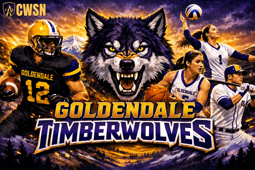 A dynamic CWSN sports banner for the Goldendale Timberwolves of Goldendale, Washington. It features a football player wearing a gold helmet and jersey number 12 charging forward, a female basketball player dribbling, a female volleyball player wearing number 1 serving a volleyball, and a baseball player wearing number 13 holding a bat. A fierce snarling wolf mascot head with glowing yellow eyes sits in the center against a dramatic purple and gold background with snow-capped mountains, evergreen trees, and bright spark effects.