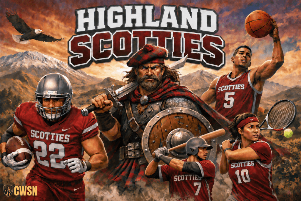 A dynamic CWSN sports banner for the Highland Scotties of Cowiche, Washington. It features a football player wearing a grey helmet and jersey number 22 charging forward, a baseball player wearing number 7 in a batting stance, a female tennis player wearing number 10 holding a tennis racket with a tennis ball in front her, and a male basketball player wearing number 5 gripping a basketball. A powerful central Scottish highlander warrior mascot with a beard, a red plaid kilt, a matching targe shield, and a sword stands in the center. The background includes a soaring bald eagle over sweeping hills and snow-capped mountains under a golden sunset sky.