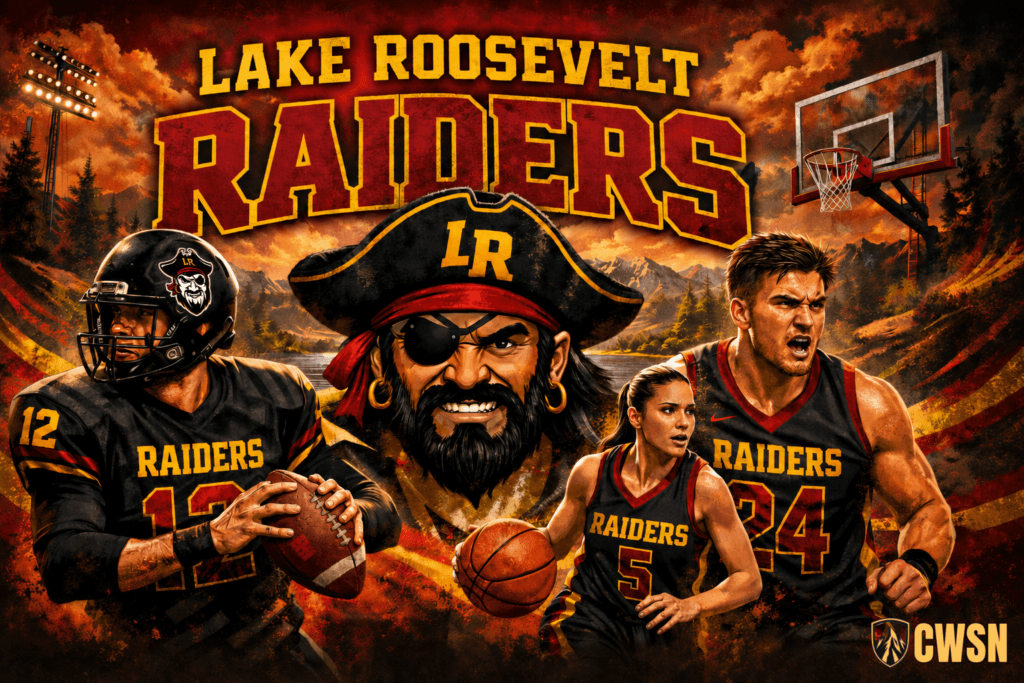 A dynamic CWSN sports banner for the Lake Roosevelt Raiders of Coulee Dam, Washington. It features a football player wearing number 12, a female basketball player wearing number 5, a male basketball player wearing number 24, and a basketball hoop. A fierce pirate captain mascot with an eyepatch, beard, and tricorn hat featuring 'LR' sits in the center, with stadium lights, a lake, mountains, and a fiery orange sky in the background.