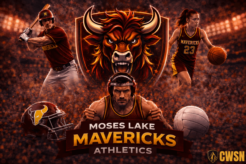 A dynamic CWSN sports banner for the Moses Lake Mavericks of Moses Lake, Washington. It features a baseball player ready to swing, a female basketball player wearing number 23 dribbling a basketball, and a wrestler in headgear flexing in the center foreground. A maroon football helmet with a bull logo and a volleyball sit in the lower corners, framing a fierce central bull mascot head on a shield against a fiery, crowded stadium backdrop.