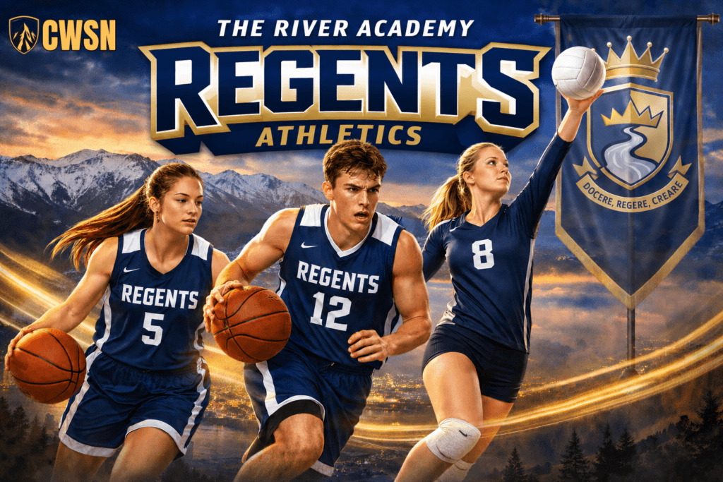 A dynamic CWSN sports banner for The River Academy Regents of Wenatchee, Washington. It features a female basketball player wearing number 5 dribbling a basketball, a male basketball player wearing number 12 driving forward with a basketball, and a female volleyball player wearing number 8 reaching up to strike a volleyball. A hanging navy blue banner on the right features a gold crown crest with a river design and Latin text 'DOCERE, REGERE, CREARE'. The background showcases snow-capped mountains over a glowing city valley landscape at twilight.