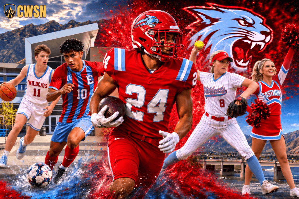 A dynamic CWSN sports banner for the Eastmont Wildcats of East Wenatchee, Washington. It features a male basketball player wearing number 11 dribbling, a male soccer player wearing a red and blue striped jersey with number 10, a central football player in a red uniform with light blue accents wearing number 24 running with a football, a female softball pitcher wearing number 8 throwing a softball, and a cheer athlete in a red and blue Eastmont uniform holding pom-poms. A roaring wildcat logo sits in the upper right against red particle explosions, with the modern Eastmont High School building, surrounding hills, and a river bridge in the background.