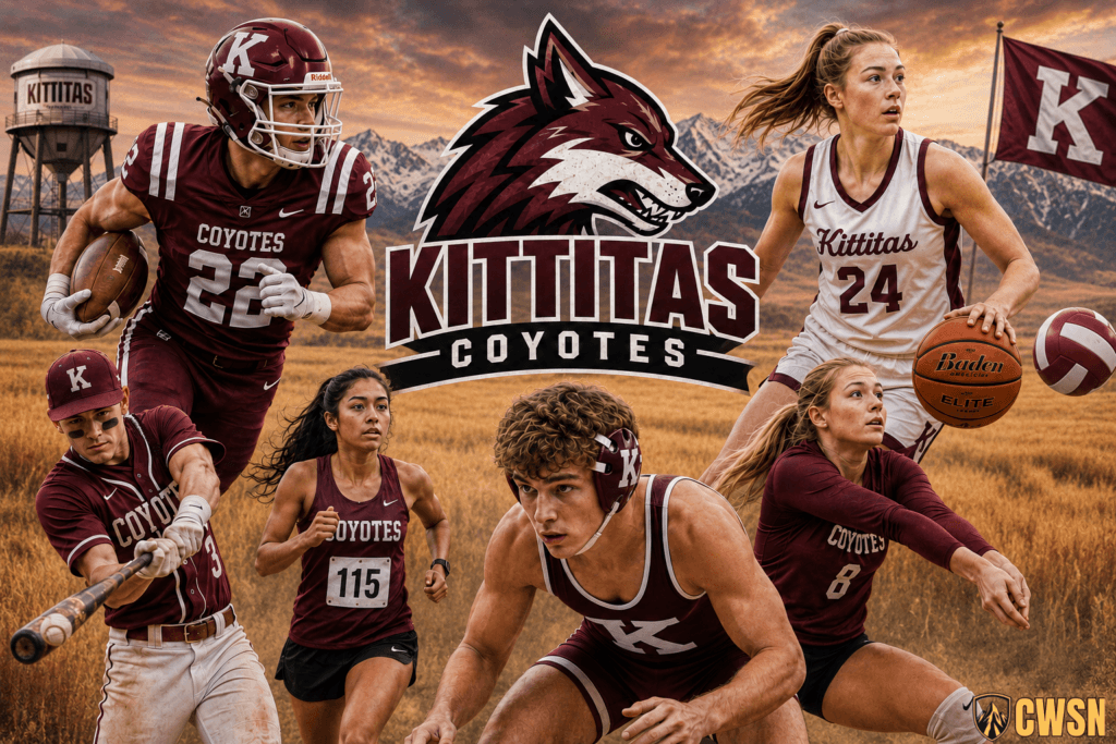 A dynamic CWSN sports banner for the Kittitas Coyotes of Kittitas, Washington. It features a football player wearing jersey number 22 running with a football, a baseball player swinging a bat, a female cross country runner wearing bib number 115, a male wrestler in headgear in the lower center, a female basketball player wearing number 24 dribbling, and a female volleyball player wearing number 8 diving for a volleyball. A maroon and white coyote mascot profile sits in the center above the text, with a Kittitas water tower, a school flag, mountain peaks, and an open grassy valley under a sunset sky in the background.