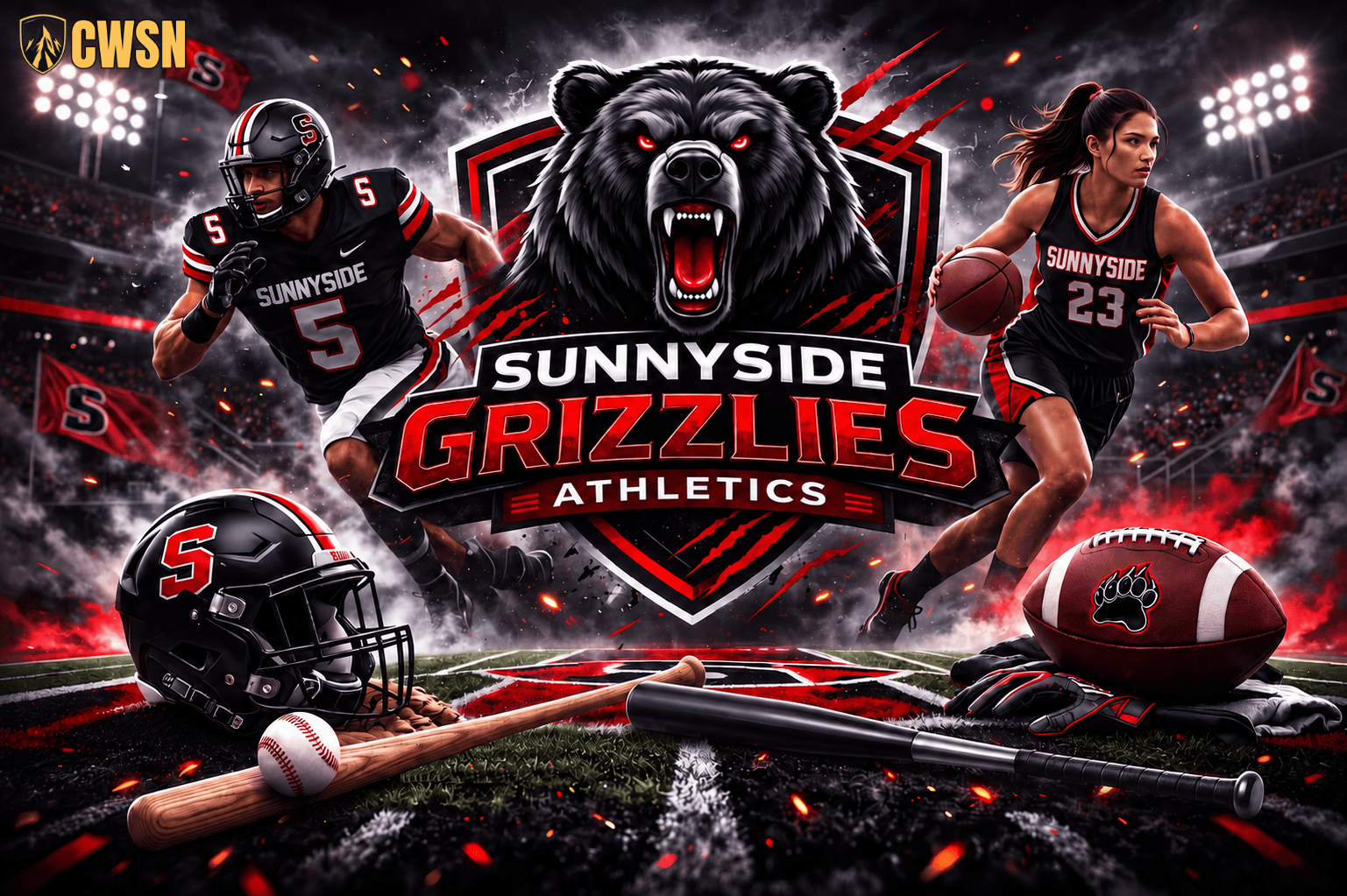A dynamic CWSN sports banner for the Sunnyside Grizzlies of Sunnyside, Washington. It features a football player wearing a black uniform with red and white accents and jersey number 5 running across a football field, a female basketball player wearing number 23 driving with a basketball, and a prominent roaring grizzly bear mascot head with glowing red eyes in the center shield logo. In the foreground sit a black football helmet with a red letter S decal, a baseball, a wooden bat, a black bat, and a football with a bear paw print emblem under bright stadium lights.