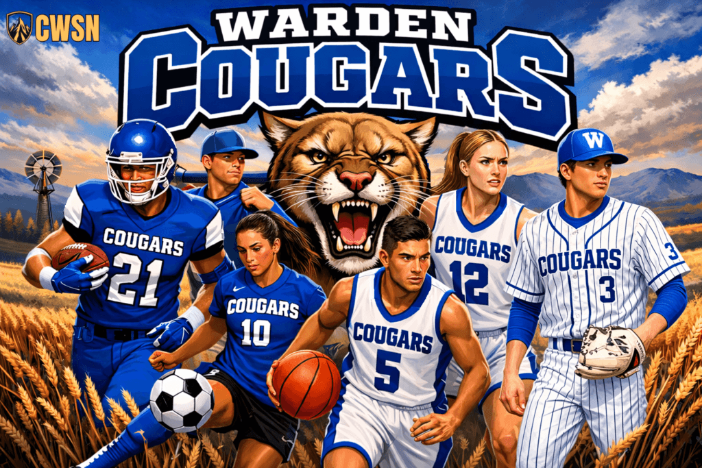 A dynamic CWSN sports banner for the Warden Cougars of Warden, Washington. It features a football player wearing jersey number 21 running with a football, a female soccer player wearing number 10 controlling a soccer ball, a central male basketball player wearing number 5 dribbling, a female basketball player wearing number 12, and a baseball player wearing pinstripes and number 3 holding a glove. A fierce snarling cougar mascot head sits in the center background against a rural landscape with a classic windmill and a wheat field under a blue and orange sky.