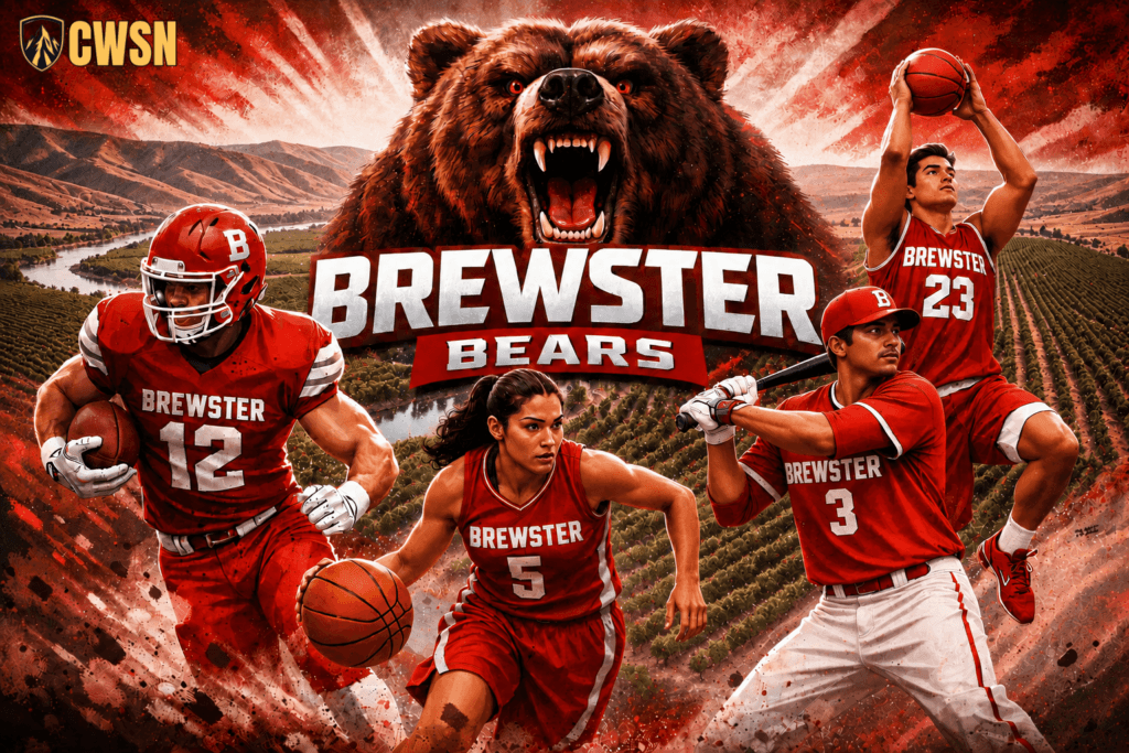 A dynamic CWSN sports banner for the Brewster Bears of Brewster, Washington. It features a football player wearing a red helmet and jersey number 12 running with a football, a female basketball player wearing number 5 dribbling, a baseball player wearing jersey number 3 holding a bat, and a male basketball player wearing number 23 going up for a dunk. A large roaring grizzly bear mascot head dominates the center top above the BREWSTER BEARS text, with rolling hills, local river waterways, extensive apple orchards, and red dynamic particle effects under a dramatic sky.