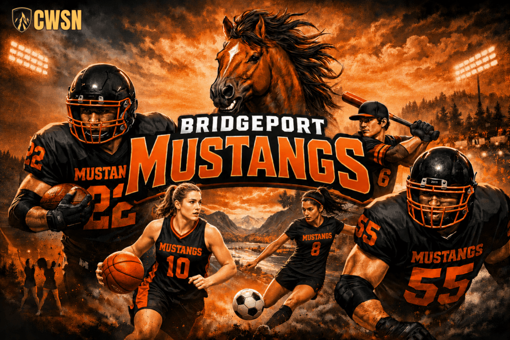A dynamic CWSN sports banner for the Bridgeport Mustangs of Bridgeport, Washington. It features a football ball-carrier wearing black and orange jersey number 22, a female basketball player wearing number 10 driving with a basketball, a female soccer player wearing number 8 controlling a soccer ball, a football lineman wearing jersey number 55 in a three-point stance, and a baseball player holding a bat. A powerful galloping brown mustang horse sits in the center top above the text 'BRIDGEPORT MUSTANGS', set against bright stadium lights, river valley hills, and a glowing orange sunset sky.
