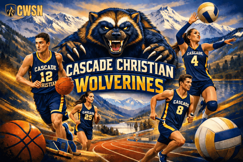 A dynamic CWSN sports banner for the Cascade Christian Academy Wolverines of Wenatchee, Washington. It features a male basketball player wearing navy and gold jersey number 12 dribbling a basketball, a female cross country or track runner wearing number 25, a male track athlete wearing number 8 carrying a relay baton along a running track, and a female volleyball player wearing number 4 leaping to hit a volleyball. A fierce roaring wolverine mascot with sharp claws looms in the center above the CASCADE CHRISTIAN WOLVERINES text, set against snow-capped Cascade mountain peaks, evergreen hills, a river, and starting blocks in the foreground.