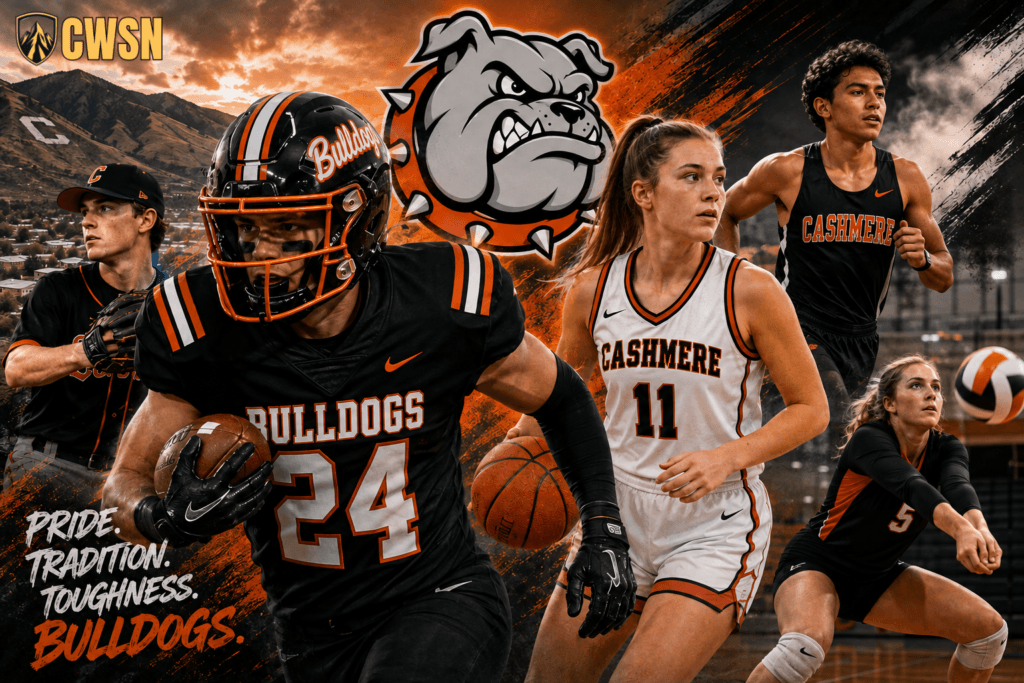 A dynamic CWSN sports banner for the Cashmere Bulldogs of Cashmere, Washington. It features a baseball player on the left, a main football player wearing a black and orange helmet and jersey number 24 running with a football, a female basketball player wearing number 11 dribbling a basketball, a male track or cross country runner in the upper right, and a female volleyball player wearing number 5 diving to bump a volleyball in the lower right. A grey bulldog mascot head wearing a spiked orange collar sits in the top center, with hillside mountains featuring a large letter C, local town buildings, and orange accent trails under a dramatic sky in the background.