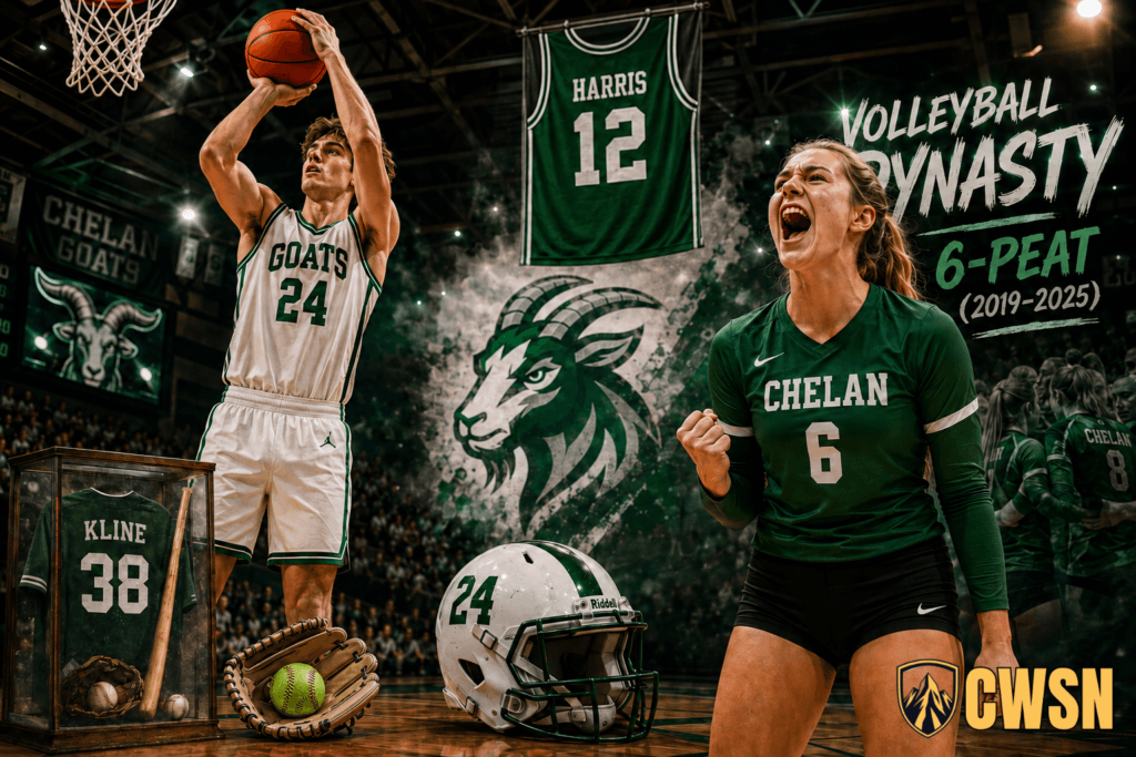 A dynamic CWSN sports banner for the Chelan Goats of Chelan, Washington. It features a male basketball player wearing number 24 taking a jump shot near a glass display case containing a baseball jersey for Steve Kline (number 38), a catcher's mitt with a softball, a white football helmet with a green stripe and number 24 on the gym floor, a central goat mascot head logo on the wall, a hanging retired jersey for Joe Harris (number 12), and an intense female volleyball player wearing number 6 celebrating on the right with text reading 'Volleyball Dynasty 6-Peat (2019-2025)'.