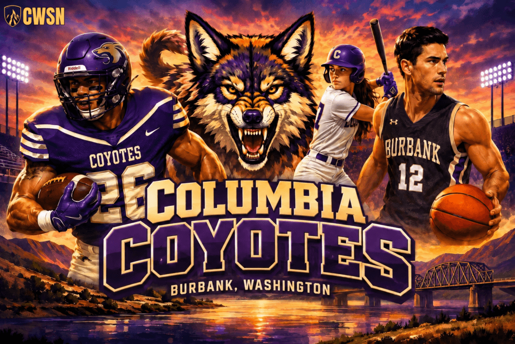 A dynamic CWSN sports banner for the Columbia Coyotes of Burbank, Washington. It features a football player wearing a purple helmet and jersey number 26 running with a football, a female softball player in a purple helmet holding a bat, and a male basketball player wearing a dark jersey with number 12 holding a basketball. A snarling coyote mascot head sits in the center above the text 'COLUMBIA COYOTES - BURBANK, WASHINGTON', with stadium lights, a river, and a bridge under a warm sunset sky in the background.
