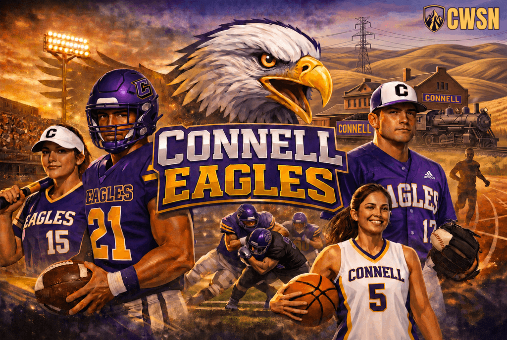 A dynamic sports banner for the Connell Eagles of Connell, Washington. It features a female softball player wearing number 15 holding a bat, a football player wearing a purple helmet and jersey number 21 carrying a football, a female basketball player wearing number 5 holding a basketball, a baseball player wearing a C cap and jersey number 17 holding a baseball and glove, football linemen blocking in the lower center, and a track runner in the background. A majestic eagle head mascot sits in the center above the CONNELL EAGLES text, with rolling hills, a classic steam locomotive, a brick train depot, and stadium lights under a warm sunset sky.