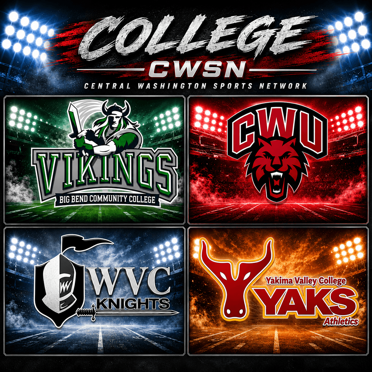 CWSN colleges athletics header featuring Big Bend CC Vikings, Central Washington University Wildcats, Wenatchee Valley College Knights, and Yakima Valley College Yaks logos.