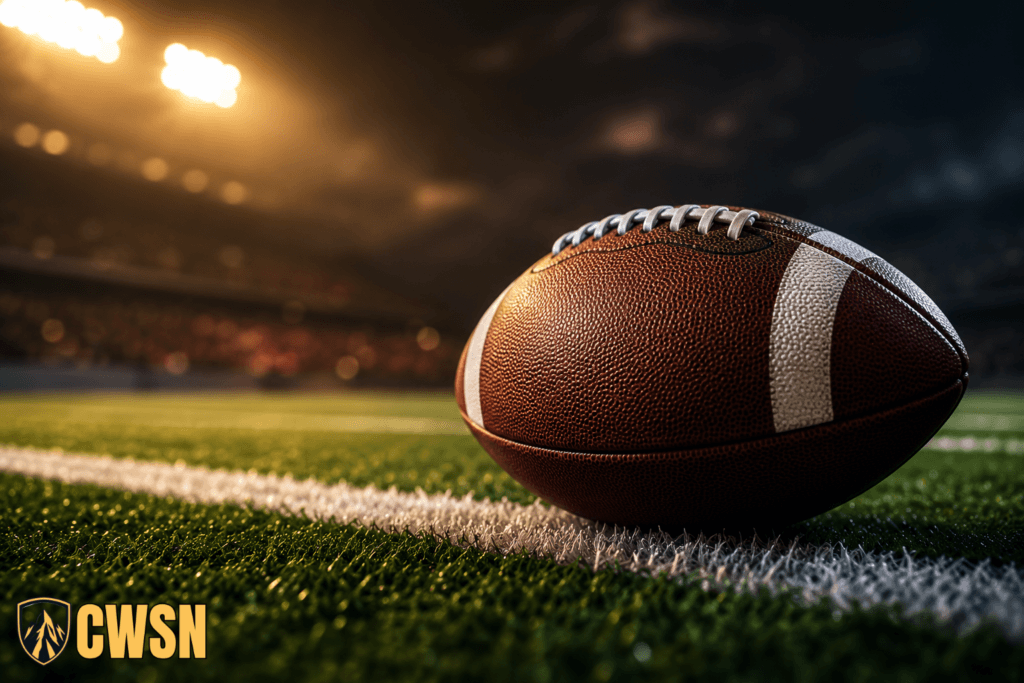 A close-up of a football resting on a turf field under bright stadium lights with the CWSN logo