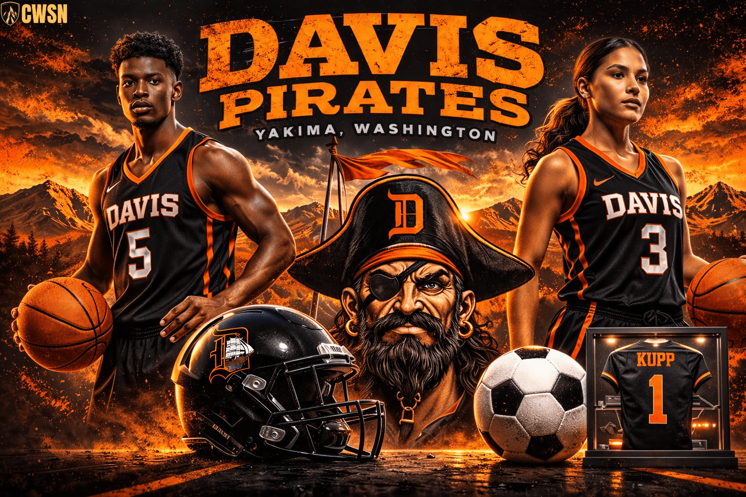 A dynamic CWSN sports banner for the Davis Pirates of Yakima, Washington. It features a male basketball player wearing a black and orange jersey with number 5 holding a basketball on the left, and a female basketball player wearing number 3 holding a basketball on the right. A detailed pirate mascot wearing a tricorn hat with an orange D logo and an eye patch sits in the center above a black football helmet, a soccer ball, and a glass display case containing a framed Cooper Kupp jersey (number 1). The background features jagged mountain peaks under a fiery orange and black sky.