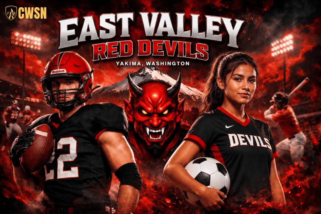 A dynamic CWSN sports banner for the East Valley Red Devils of Yakima, Washington. It features a football player in number 22, a soccer player, a central red devil mascot face, with a stadium, mountain, and fire effects in the background.