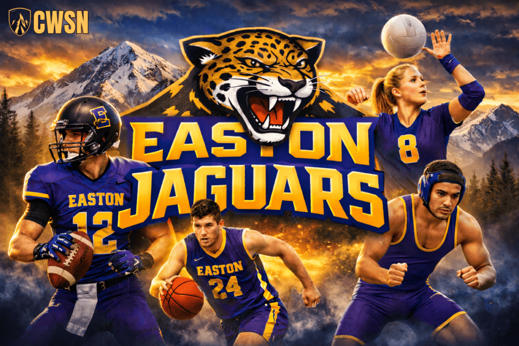A dynamic CWSN sports banner for the Easton Jaguars of Easton, Washington. It features a football player wearing a purple helmet with an E logo and jersey number 12 holding a football, a male basketball player wearing number 24 driving with a basketball, a wrestler in headgear in a ready grappling stance, and a female volleyball player wearing number 8 reaching up to strike a volleyball. A fierce roaring jaguar mascot head sits in the center above the EASTON JAGUARS text, with snow-capped Cascade mountain peaks, dense evergreen forests, and glowing orange twilight clouds in the background.