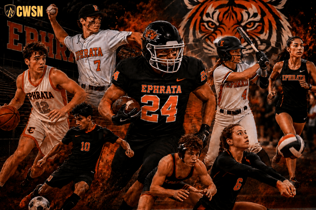 A dynamic CWSN sports banner for the Ephrata Tigers of Ephrata, Washington. It features a central football player wearing a black jersey with orange number 24 running with a football, a male basketball player wearing number 12, a baseball pitcher wearing number 7 winding up to throw, a male soccer player wearing number 10 controlling a soccer ball, a wrestler in headgear in a low stance, a female softball player wearing number 4 ready to swing, a female volleyball player wearing number 6 setting a ball, and a female track or cross country runner sprinting on the right. A fiery tiger face lurks in the upper right background behind the stadium stands.