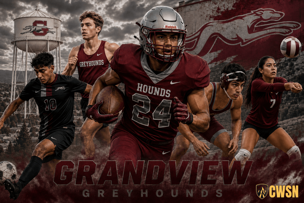 A dynamic CWSN sports banner for the Grandview Greyhounds of Grandview, Washington. It features a central football player wearing a grey helmet and maroon jersey number 24 running with a football, a soccer player wearing number 10 striking a soccer ball, a male cross country or track runner, a wrestler in headgear in a ready stance, and a female volleyball player wearing number 7 passing a volleyball. The background features a large water tower with the Grandview G logo, a painted greyhound wall mural, and valley scenery under a dramatic cloudy sky.