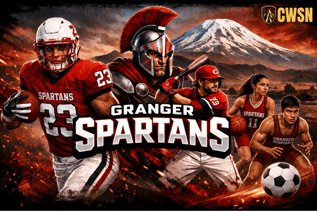 A dynamic CWSN sports banner for the Granger Spartans of Granger, Washington. It features a football player wearing jersey number 23 running with a football, a baseball player ready to swing, a female basketball player wearing number 11 dribbling, a male wrestler next to a soccer ball, and a powerful central Spartan warrior mascot wearing a red-crested helmet and armor. The background includes a massive snow-capped mountain, regional fields, and flying sparks under a dramatic dark red sky.