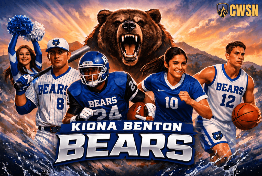 A dynamic CWSN sports banner for the Kiona Benton Bears of Benton City, Washington. It features a cheerleader holding blue and white pom-poms, a baseball player wearing pinstripes and number 8 with a bat over his shoulder, a football player wearing a blue helmet and jersey number 24 running with a football, a female soccer player wearing number 10 running, and a male basketball player wearing number 12 holding a basketball. A large roaring grizzly bear mascot head dominates the center background against sunbeams, regional hills, and splashing water under a dramatic sky.