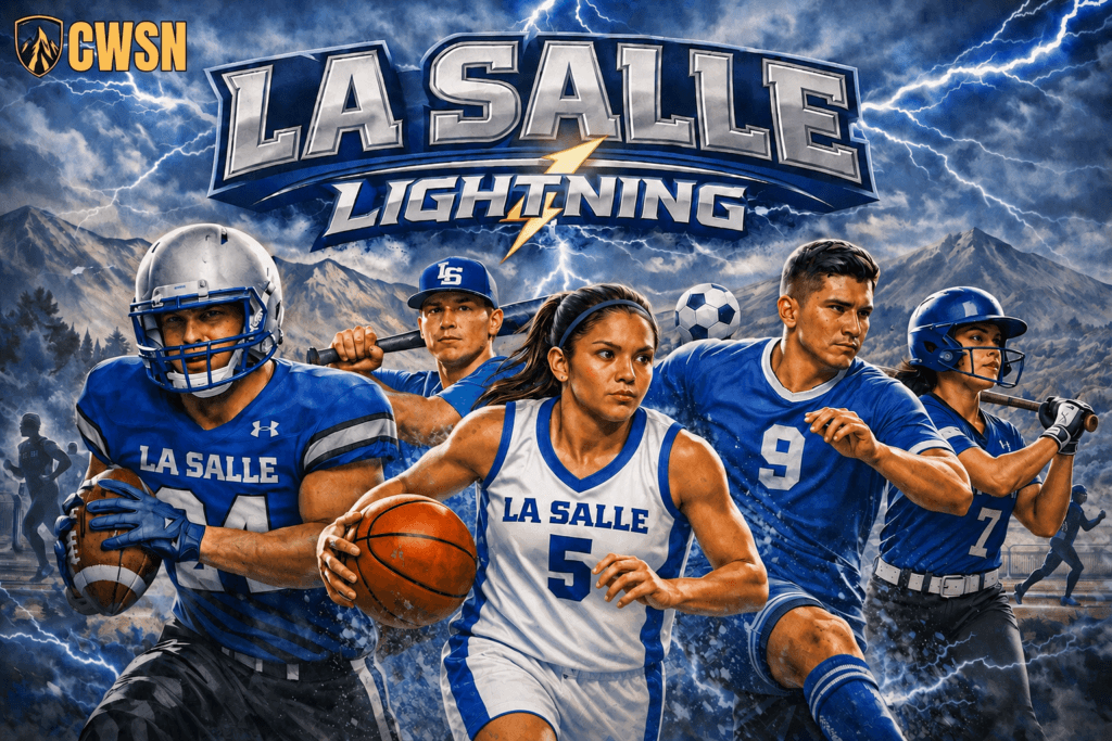 A dynamic CWSN sports banner for the La Salle Lightning of Union Gap, Washington. It features a football player in a silver helmet and blue jersey running with a football, a baseball player holding a bat over his shoulders wearing an LS cap, a female basketball player wearing number 5 dribbling, a male soccer player wearing number 9 running near a soccer ball, and a female softball player wearing number 7 holding a bat. The background includes rugged mountain peaks and a dark, dramatic sky filled with bright lightning bolts.