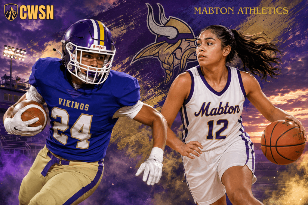 A dynamic CWSN sports banner for the Mabton Vikings of Mabton, Washington. It features a football player wearing a purple helmet with a gold stripe and jersey number 24 running with a football on the left, and a female basketball player wearing a white jersey with purple trim and number 12 dribbling a basketball on the right. A gold and purple Viking head profile logo sits in the top center against textured gold accents, stadium lights, and a vibrant purple and orange sunset sky.