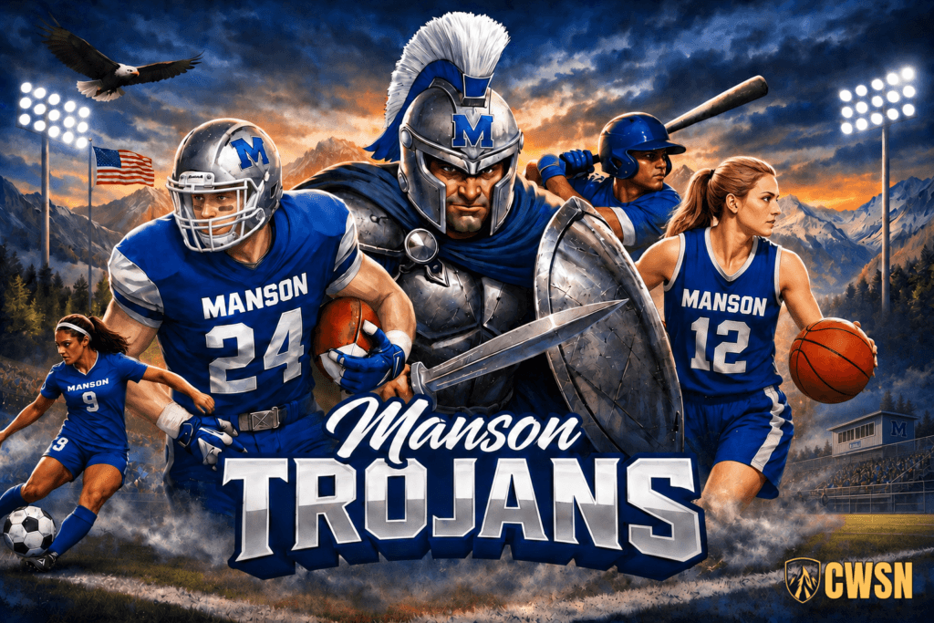 A dynamic CWSN sports banner for the Manson Trojans of Manson, Washington. It features a female soccer player wearing number 9 dribbling a soccer ball, a football player wearing a silver helmet with a blue M logo and jersey number 24 carrying a football, an armored Trojan warrior with a crested helmet, sword, and shield in the center, a baseball player ready to swing a bat, and a female basketball player wearing number 12 holding a basketball. The background showcases stadium lights, an American flag, a soaring bald eagle, and snow-capped mountain peaks surrounding Lake Chelan under a colorful sunset sky.