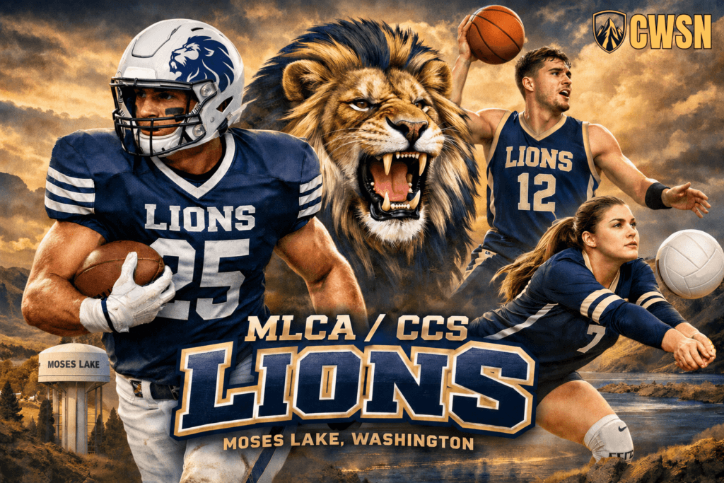 A dynamic CWSN sports banner for the MLCA/CCS Lions of Moses Lake, Washington. It features a football player wearing a white helmet with a navy lion logo and jersey number 25 running with a football, a male basketball player wearing jersey number 12 cocking a basketball back to dunk, and a female volleyball player wearing number 7 diving to bump a volleyball. A fierce roaring lion head with a dark mane sits in the upper center above the MLCA / CCS LIONS text, with the Moses Lake water tower, shoreline waters, rocky terrain, and a dramatic sunset sky in the background.