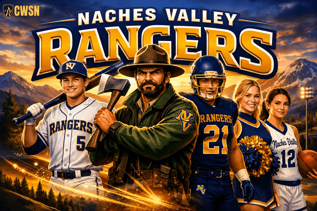 A dynamic CWSN sports banner for the Naches Valley Rangers of Naches, Washington. It features a baseball player wearing an NV cap and jersey number 5 holding a bat over his shoulder, a central park ranger mascot character with a hat and beard holding an axe, a football player wearing a blue helmet and jersey number 21, a cheerleader holding yellow and blue pom-poms, and a female basketball player wearing number 12 holding a basketball. The background includes snow-capped mountains, evergreen pine forests, stadium lights, and golden trails under a warm sunset sky.
