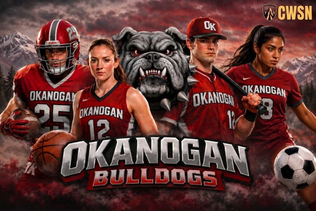 A dynamic CWSN sports banner for the Okanogan Bulldogs of Okanogan, Washington. It features a football player wearing number 25, a female basketball player wearing number 12 holding a basketball, a baseball player wearing number 12 with a bat over his shoulder, and a female soccer player wearing number 8 with a soccer ball. A fierce grey bulldog mascot head with a spiked collar sits in the center against a background of rugged mountains and pine trees under a dark cloudy sky.