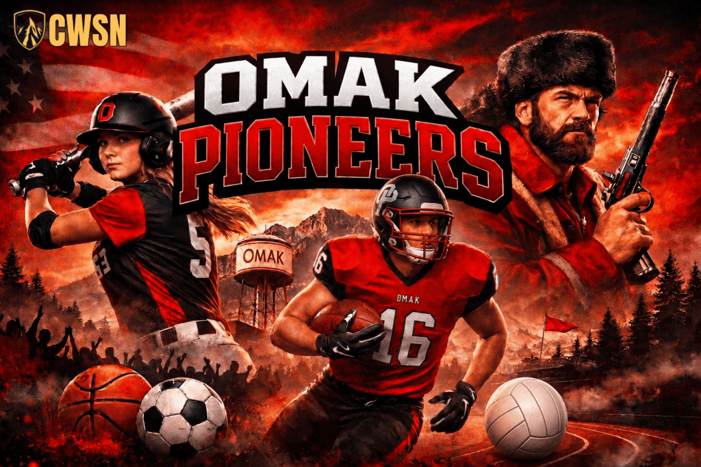A dynamic CWSN sports graphic banner for the Omak Pioneers, featuring a softball player with number 53, an American football player with number 16, a Pioneer mountain man mascot in a coonskin cap, a town water tower with 'OMAK' text, mountains, and various sports balls over a running track. An American flag is visible in the background.