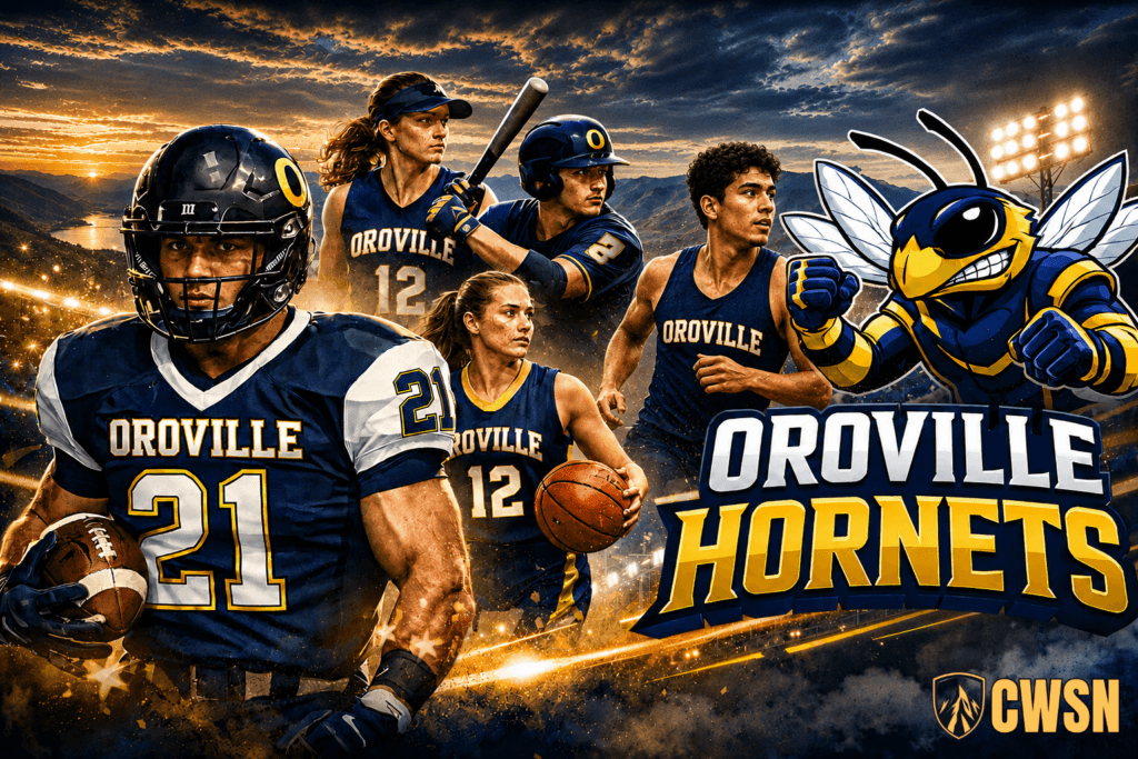 A dynamic CWSN sports banner for the Oroville Hornets of Oroville, Washington. It features a football player wearing a navy and gold helmet and jersey number 21 running with a football, a softball player wearing a visor and jersey number 12, a baseball player wearing a helmet and jersey number 2 holding a bat, a female basketball player wearing number 12 holding a basketball, a male track or cross country runner, and an energetic blue and gold hornet mascot flexing its fists on the right. The background features a lake nestled in the valley, rolling mountains, stadium lights, and golden trails under a dramatic twilight sky.