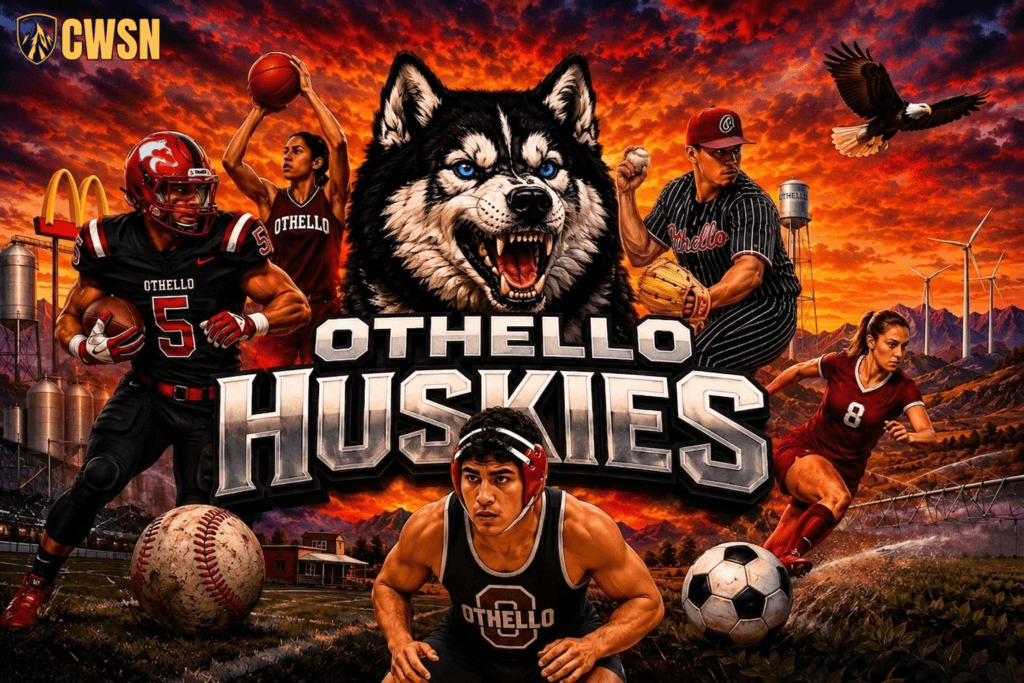 A dynamic CWSN sports banner for the Othello Huskies of Othello, Washington. It features a football player wearing a red and black uniform with number 5 carrying a football, a female basketball player shooting a basketball, a wrestler in headgear in a ready stance, a baseball pitcher in pinstripes throwing a ball, and a female soccer player wearing number 8 sprinting on the right. A fierce black and white husky mascot head with bright blue eyes sits in the center above the OTHELLO HUSKIES text, with wind turbines, an Othello water tower, a soaring eagle, farmland, and a fiery sunset sky in the background.